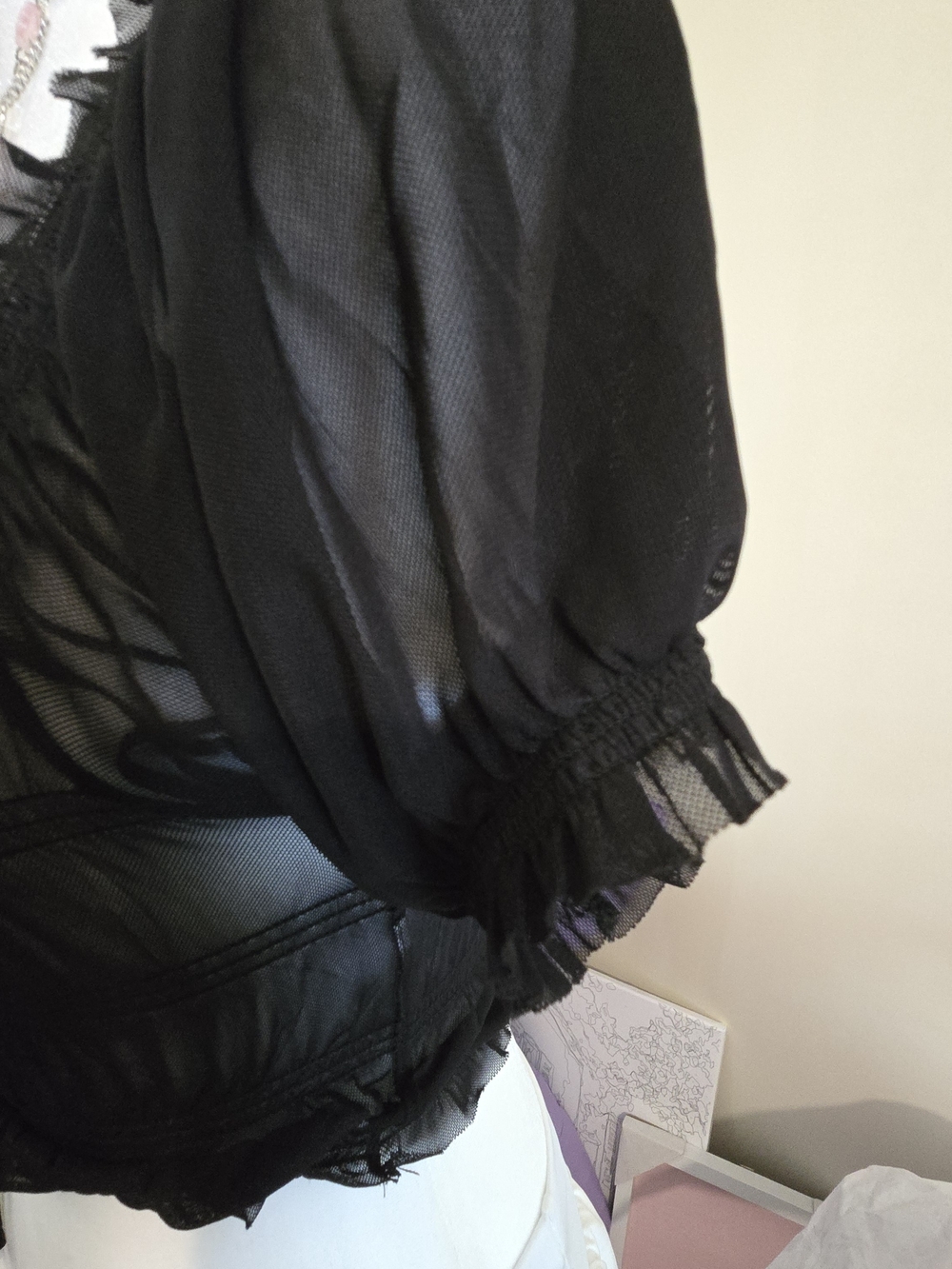 Garage Black Sheer Mesh Ruched Milkmaid Crop Top XS Whimsigoth Puff Sleeve - Picture 6 of 11